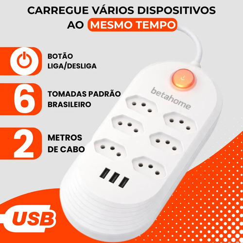 Extensão Elétrica 6 Tomadas Bivolt 3 Usb 2500w Régua Filtro De Linha 2 Metros Branco Cabo 2m 5 Mm Led Botão Power 10a 127/220v Energia Elétrico Padrão Brasileiro Profissional Protetor Gamer