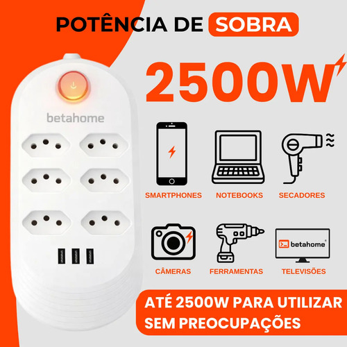 Extensão Elétrica 6 Tomadas Bivolt 3 Usb 2500w Régua Filtro De Linha 2 Metros Branco Cabo 2m 5 Mm Led Botão Power 10a 127/220v Energia Elétrico Padrão Brasileiro Profissional Protetor Gamer