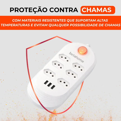 Extensão Elétrica 6 Tomadas Bivolt 3 Usb 2500w Régua Filtro De Linha 2 Metros Branco Cabo 2m 5 Mm Led Botão Power 10a 127/220v Energia Elétrico Padrão Brasileiro Profissional Protetor Gamer