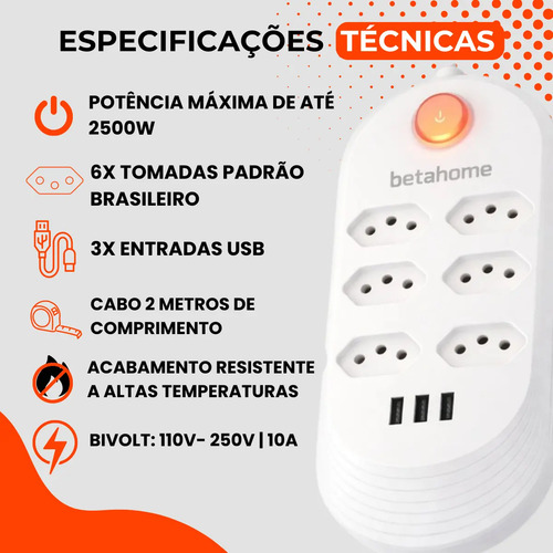 Extensão Elétrica 6 Tomadas Bivolt 3 Usb 2500w Régua Filtro De Linha 2 Metros Branco Cabo 2m 5 Mm Led Botão Power 10a 127/220v Energia Elétrico Padrão Brasileiro Profissional Protetor Gamer