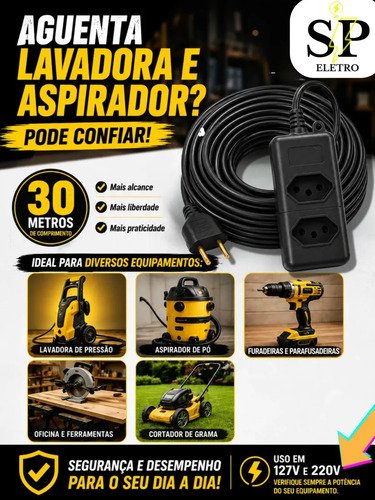 Extensão Elétrica Reforçada 30 Metros 10/20a Obra Profissional Tomada Em Barra Preto Eletro SP
