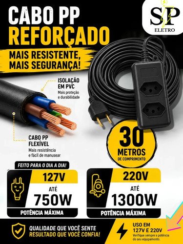 Extensão Elétrica Reforçada 30 Metros 10/20a Obra Profissional Tomada Em Barra Preto Eletro SP