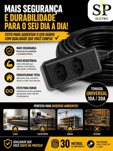 Extensão Elétrica Reforçada 30 Metros 10/20a Obra Profissional Tomada Em Barra Preto Eletro SP