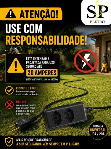 Extensão Elétrica Reforçada 30 Metros 10/20a Obra Profissional Tomada Em Barra Preto Eletro SP
