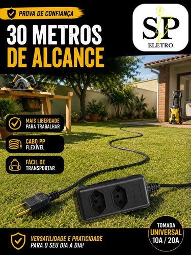 Extensão Elétrica Reforçada 30 Metros 10/20a Obra Profissional Tomada Em Barra Preto Eletro SP
