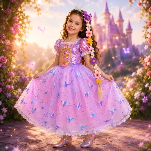 Fantasia infantil menina vestido tiara rapunzel princesas