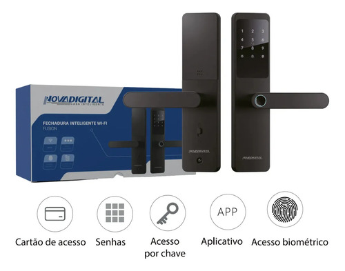 Fechadura Digital Eletrônica Biométrica NovaDigital Fusion Embutir Wifi Tuya App Senha Cartão TAG Chave Inteligente Preta