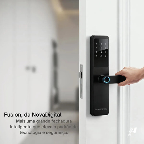 Fechadura Digital Eletrônica Biométrica NovaDigital Fusion Embutir Wifi Tuya App Senha Cartão TAG Chave Inteligente Preta