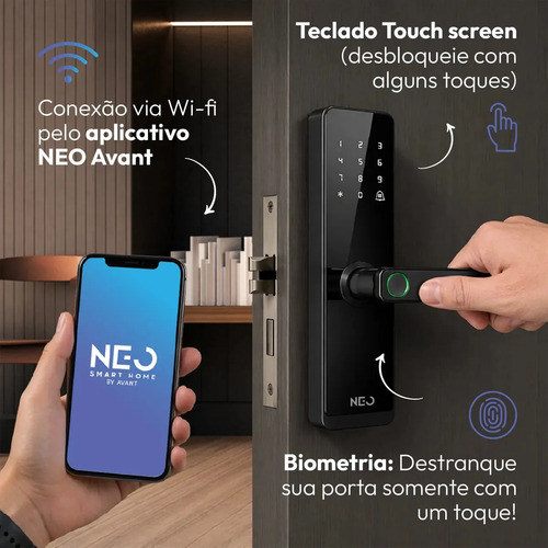 Fechadura Digital Inteligente Biometria Wi-fi Pro Embutir Senha App Tuya - Stark Handle - Preto - Neo Avant