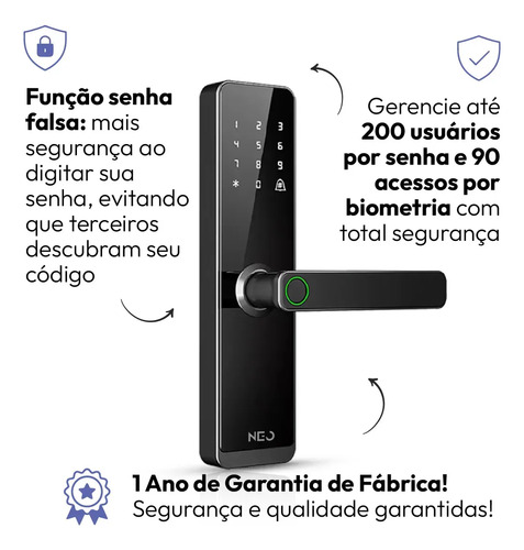 Fechadura Digital Inteligente Biometria Wi-fi Pro Embutir Senha App Tuya - Stark Handle - Preto - Neo Avant