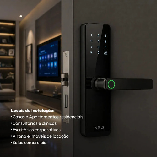 Fechadura Digital Inteligente Biometria Wi-fi Pro Embutir Senha App Tuya - Stark Handle - Preto - Neo Avant
