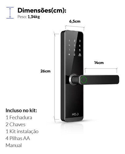 Fechadura Digital Inteligente Biometria Wi-fi Pro Embutir Senha App Tuya - Stark Handle - Preto - Neo Avant