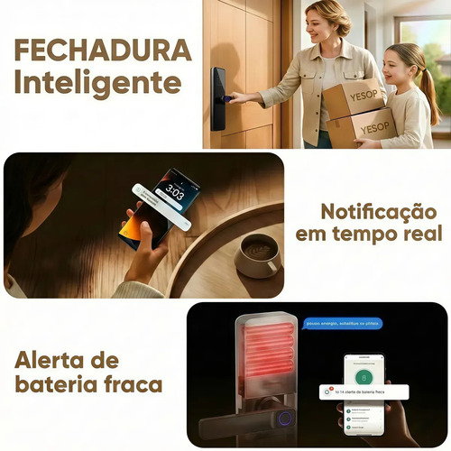 Fechadura Eletrônica Digital Inteligente Wi-fi Biometria Impressão Digital Senha Cartão Tag App Tuya Chave Embutir Com Maçaneta Porta Madeira Alumínio