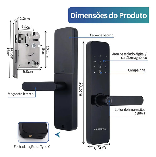 Fechadura Eletrônica Digital Tuya Com Biometria, Senha, Tag E Chave Touch Anti-espião Inteligente Preta Para Porta (casa/apartamento/hotel)