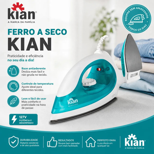 Ferro de Passar a Seco Kian FP100 1300W com Base Antiaderente e Controle de Temperatura