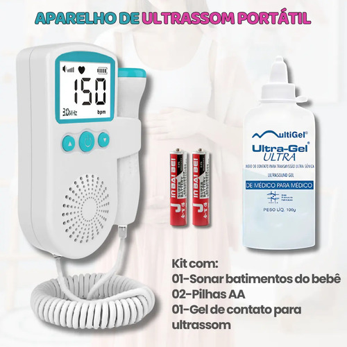 Fetal Doppler Arte Da Pesca Ultrassom Ouvir Batimentos Bebe + Gel + Brinde Exclusivo - Azul