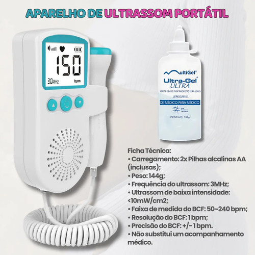 Fetal Doppler Arte Da Pesca Ultrassom Ouvir Batimentos Bebe + Gel + Brinde Exclusivo - Azul