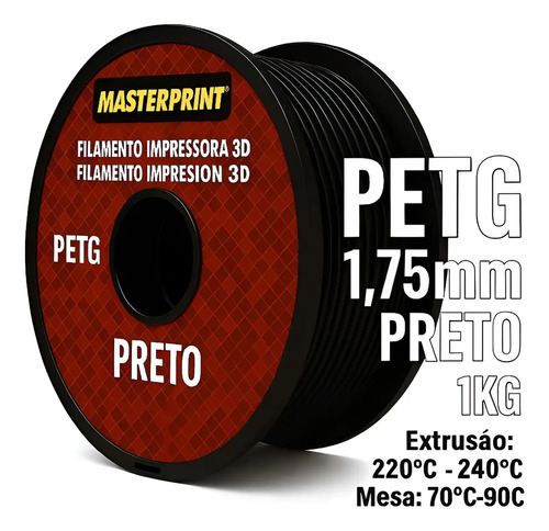 Filamento 3d petg preto 175mm 1kg masterprint impressora