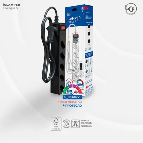 Filtro de Linha com Protetor de Surto DPS iClamper Energia 5 Tomadas 3 Pinos 10 Amperes com Tecnologia LCF Anti Raio Clamper Cor Preto