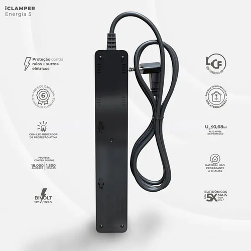 Filtro de Linha com Protetor de Surto DPS iClamper Energia 5 Tomadas 3 Pinos 10 Amperes com Tecnologia LCF Anti Raio Clamper Cor Preto