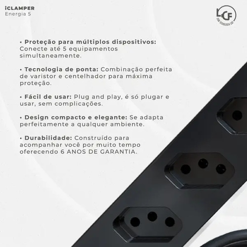 Filtro de Linha com Protetor de Surto DPS iClamper Energia 5 Tomadas 3 Pinos 10 Amperes com Tecnologia LCF Anti Raio Clamper Cor Preto