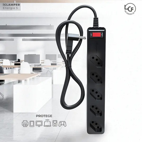 Filtro de Linha com Protetor de Surto DPS iClamper Energia 5 Tomadas 3 Pinos 10 Amperes com Tecnologia LCF Anti Raio Clamper Cor Preto