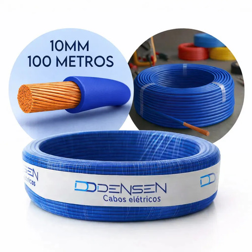 Fio Elétrico 10mm Azul Cabo Flexível Rolo Com 100m Metros 750v Anti-chamas D Densen