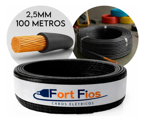 Fio Elétrico 2,5mm Preto Cabo Flexível Rolo Com 100m Metros 750v Antichamas