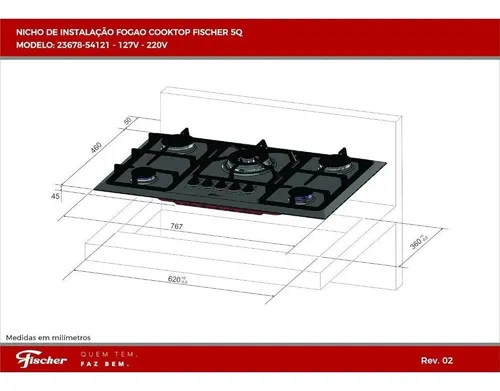 Fischer Cooktop Gás 5 Bocas Tc Infinity Mesa Inox Bivolt