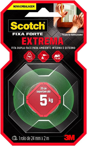 Fita dupla face scotch 3m 24mm x 2m fixa forte fixacao extre