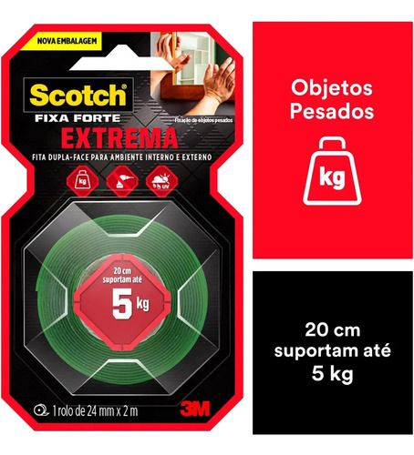 Fita Dupla Face Scotch 3M, 24mm x 2m Fixa Forte, Fixação Extrema
