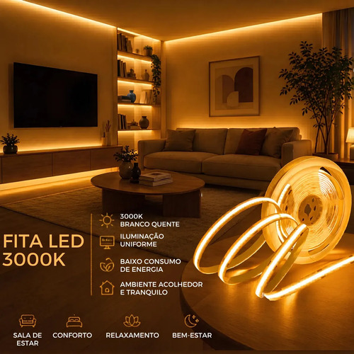Fita Led Cob 10 Metros Direto Na Rede 150w/ 320led Perfil Branco Quente 110v