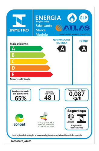 Fogão 4 Bocas Atlas Mônaco Plus com Mesa de Inox Automático Preto Bivolt
