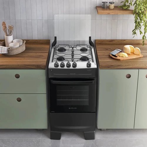 Fogão 4 Bocas Atlas Mônaco Top com Mesa de Inox Preto