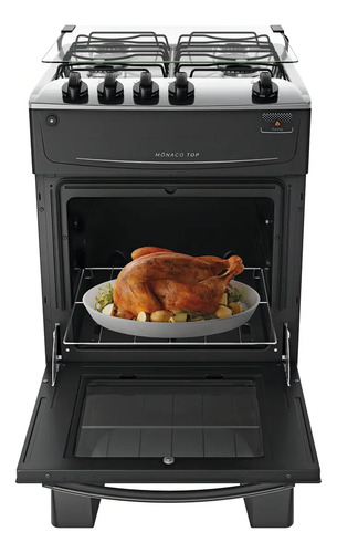 Fogão 4 Bocas Atlas Mônaco Top Com Mesa Inox e Forno de 50 Litros e Acendimento Automático Preto Bivolt