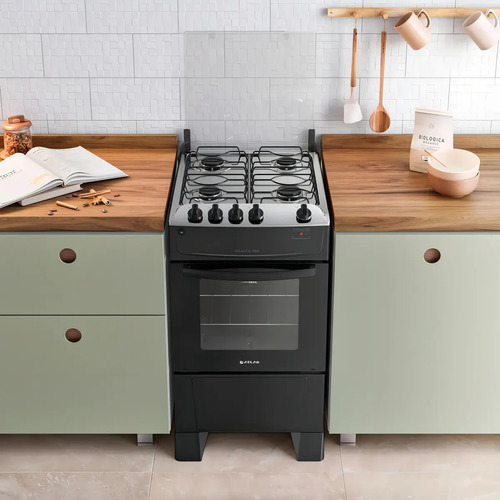 Fogão 4 Bocas Atlas Mônaco Top Com Mesa Inox e Forno de 50 Litros e Acendimento Automático Preto Bivolt