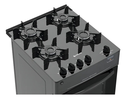 Fogão 4 Bocas Atlas Mônaco Top Glass com Mesa de Vidro e Acendimento Automático Preto Bivolt