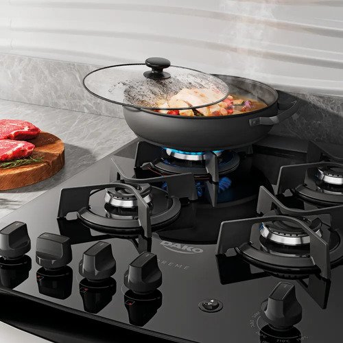 Fogão 4 Bocas de Embutir Dako Supreme Preto com Mesa de Vidro e Mega Chama Bivolt