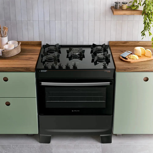 Fogão 5 Bocas Atlas Atenas Glass A Gás com Mesa de Vidro e Mega Chama Preto Bivolt
