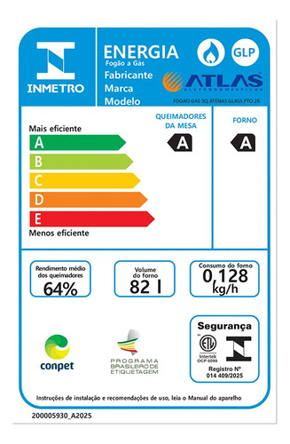Fogão 5 Bocas Atlas Atenas Glass A Gás com Mesa de Vidro e Mega Chama Preto Bivolt