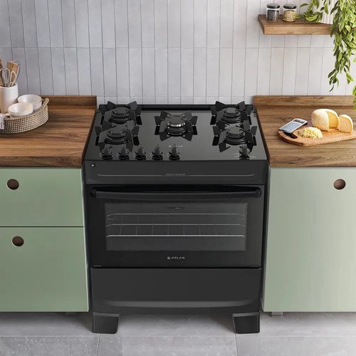 Fogão 5 Bocas Atlas Mônaco Top Glass Automático Mesa De Vidro Preto
