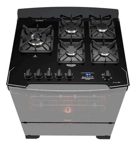Fogão 5 Bocas Dako Diplomata Glass Style com Frente Espelhada Mesa de Vidro e Grill com Timer e Tripla Chama Bivolt