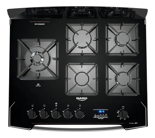 Fogão 5 Bocas Dako Diplomata Glass Style com Frente Espelhada Mesa de Vidro e Grill com Timer e Tripla Chama Bivolt