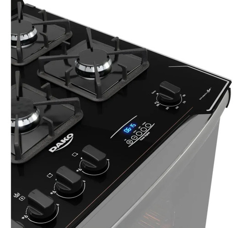 Fogão 5 Bocas Dako Diplomata Glass Style com Frente Espelhada Mesa de Vidro e Grill com Timer e Tripla Chama Bivolt