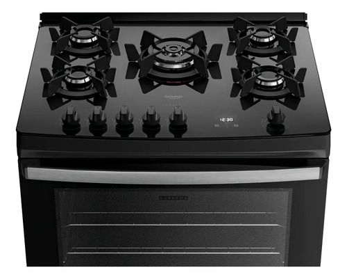 Fogão 5 Bocas Dako Supreme Black Glass com Mesa de Vidro Tripla Chama e Timer Digital Bivolt