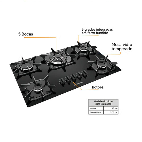 Fogão Cooktop A Gás Mueller 601270003 5 Bocas Mesa Vidro Tem
