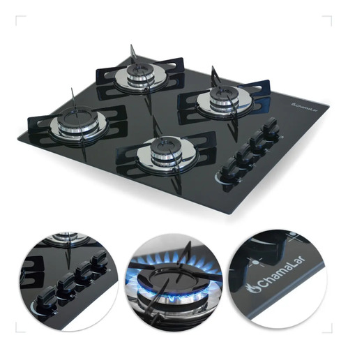 Fogao cooktop gas 4 bocas ultra chama 127v220v preto