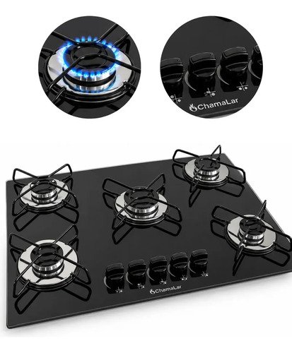 Fogao cooktop gas 5 bocas ultra chama 127v220v preto