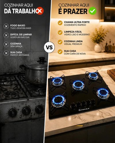 Fogão Cooktop Gás 5 Bocas Ultra Chama 127v/220v Preto