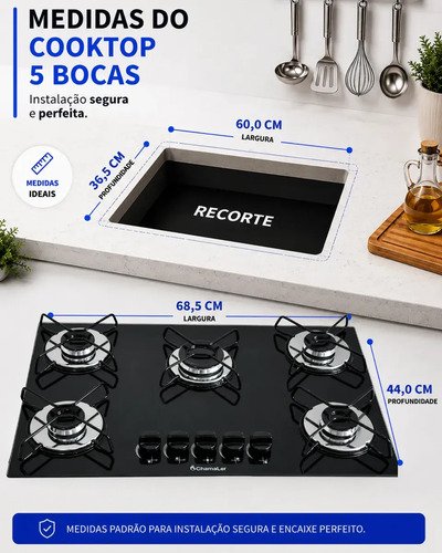 Fogão Cooktop Gás 5 Bocas Ultra Chama 127v/220v Preto